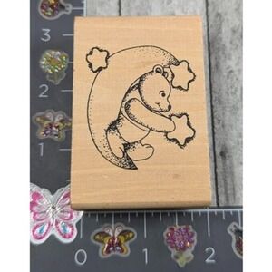 Bear on Moon Catching Stars Rubber Stamp Wood #A86